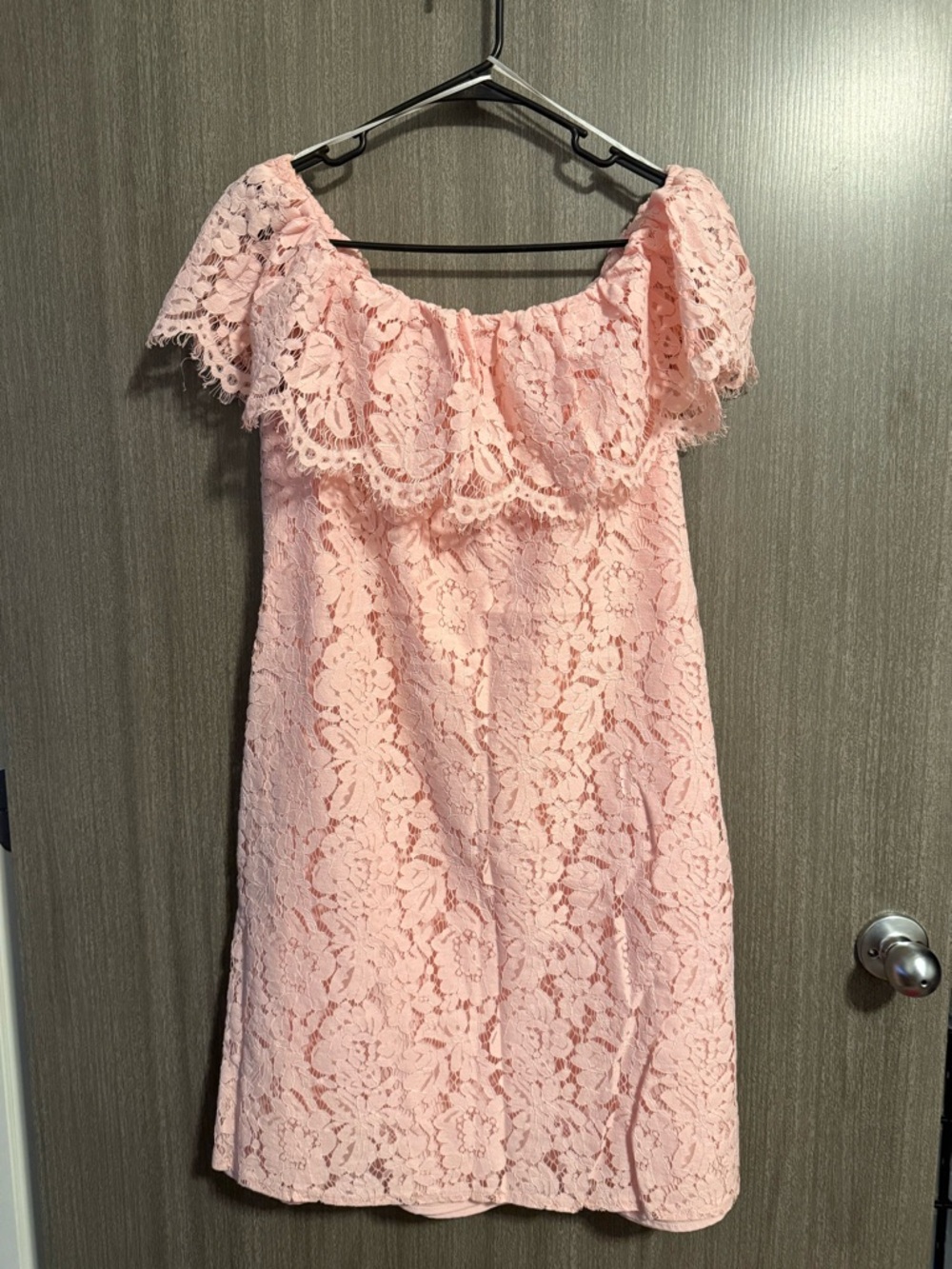 Off-Shoulder Pink Lace Midi Dress